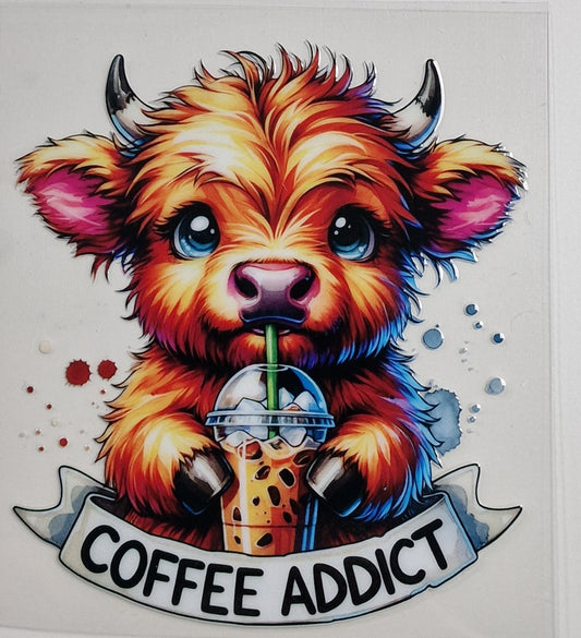 Coffee addict Highland cow UV DTF Decal 10cm