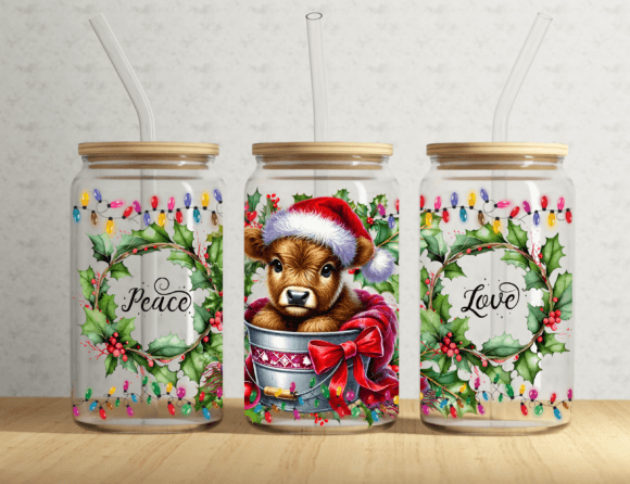 16oz Libbey Can Christmas Highland Cow UVDTF print