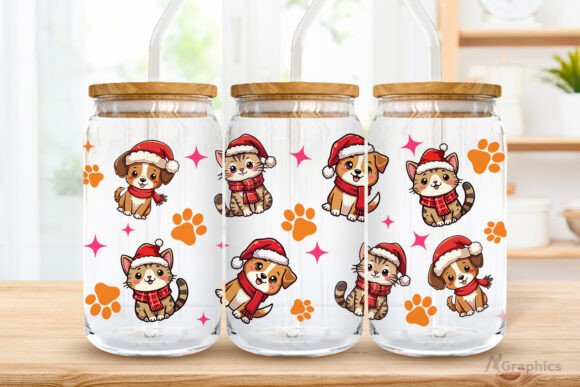 16oz Libbey Christmas hat cats and dogs