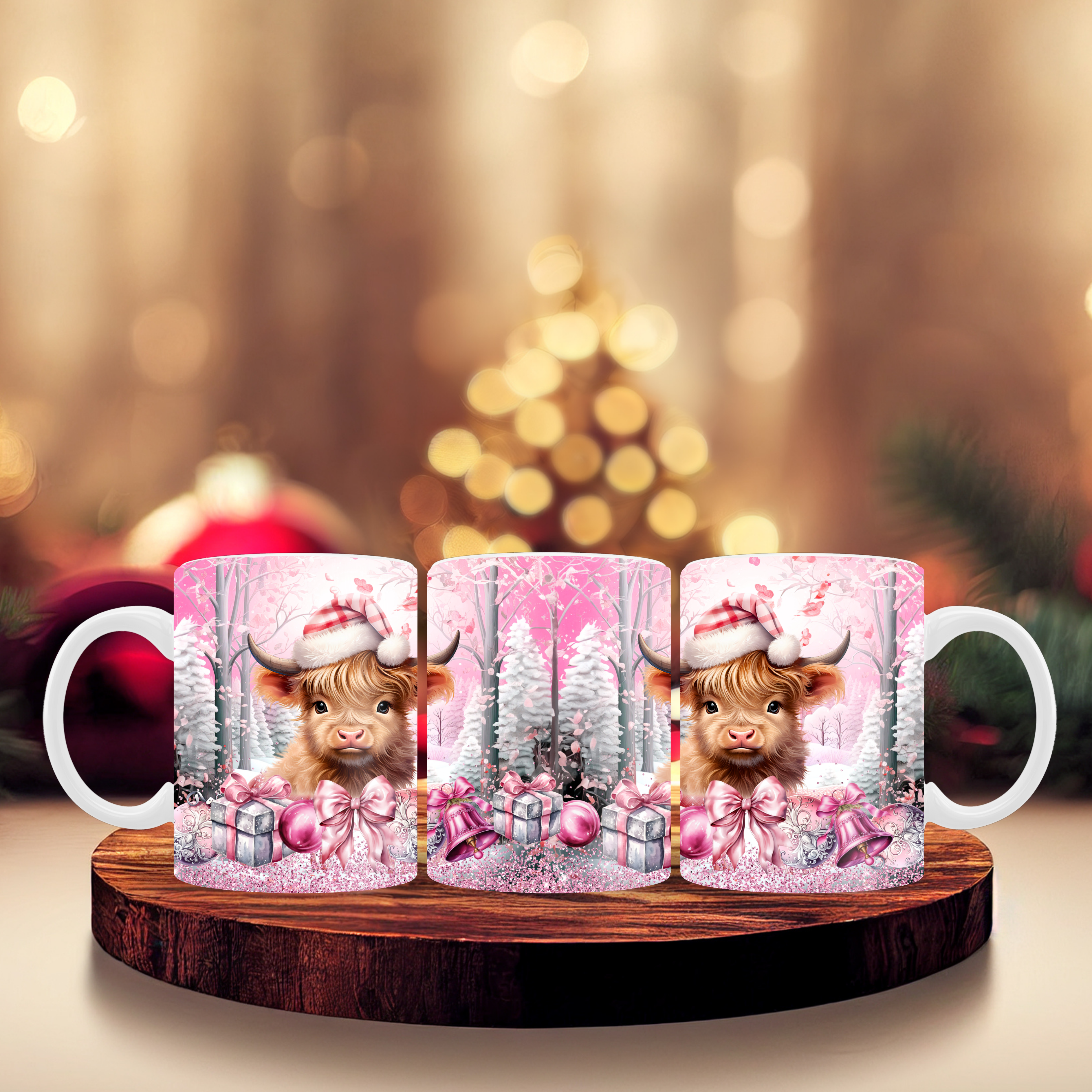 11oz mug sublimation wrap - Pink Christmas Highland cow