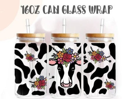 16oz Libbey Can Cow with Flowers UVDTF print