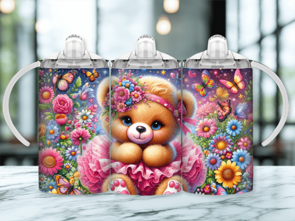 Pink Bear 12oz Sippy cup/tumbler Sublimation Print - Wraps and Blanks