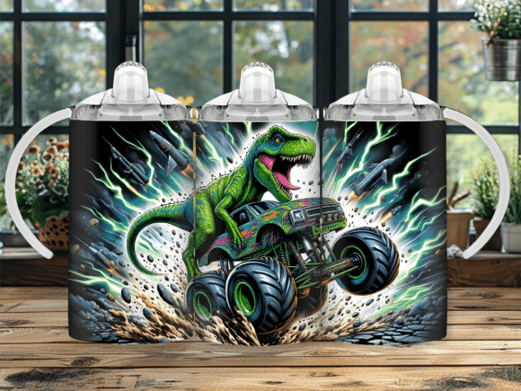 Dinosaur Monster Truck 12oz Sippy cup/tumbler Sublimation Print - Wraps and Blanks