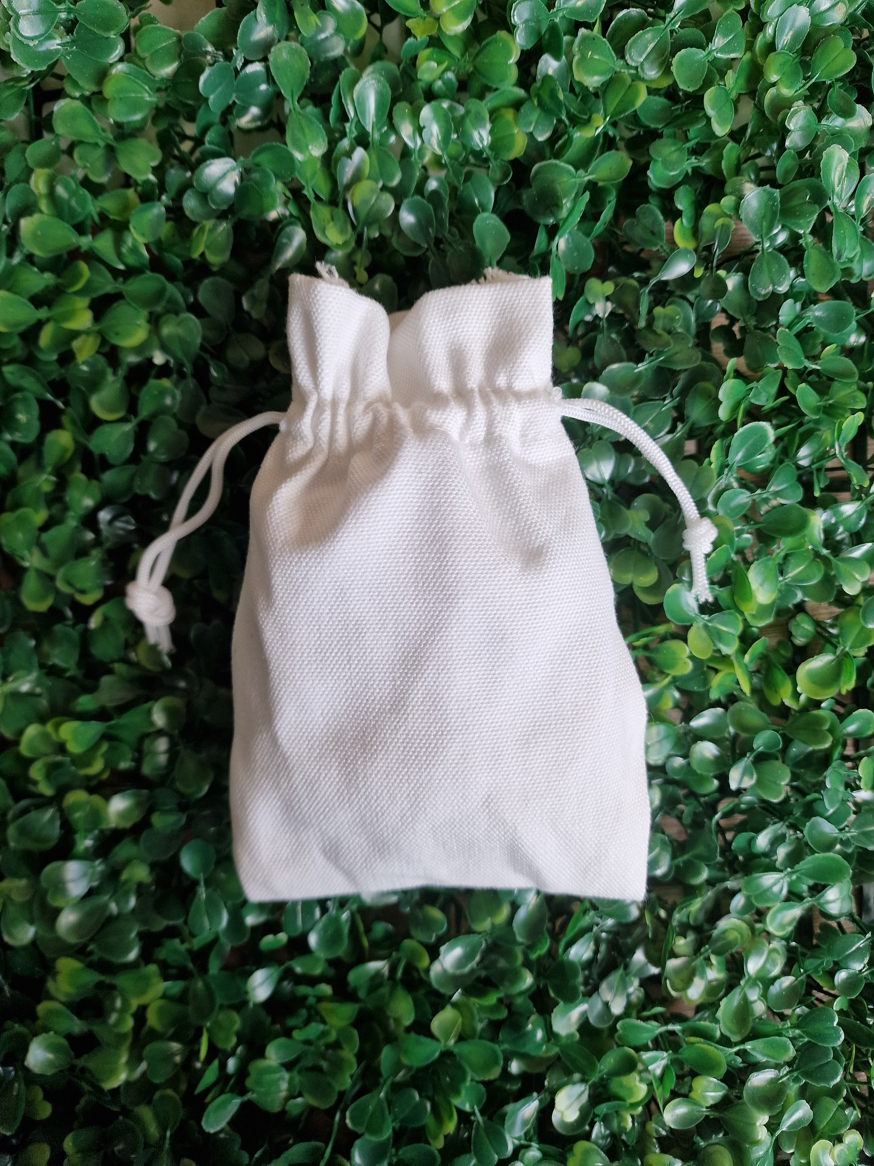 A beige double drawstring style sublimation pouch on a green leafy background.